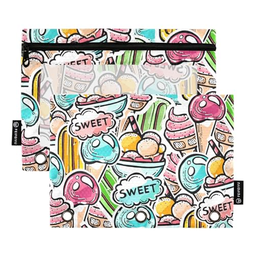 Fustylead Bunte Eiscreme-Federmäppchen für 3-Ringbinder, Reißverschlusstasche mit transparentem Fenster, Federmäppchen für Zuhause, Büro, 2 Stück, mehrfarbig von Fustylead