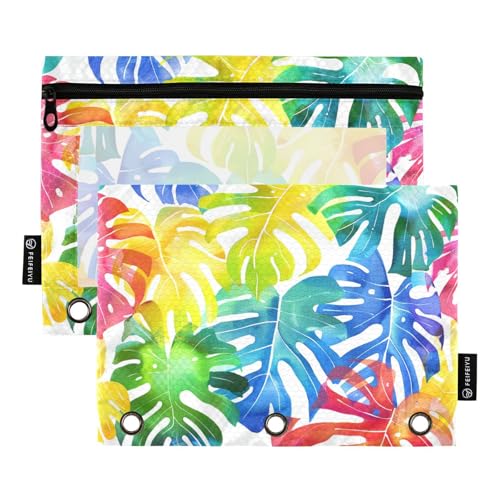 Fustylead Bunte Monstera-Blätter, 2 Stück Bleistiftbeutel für 3-Ringordner, große Kapazität, Binder-Bleistifttasche mit transparentem Fenster für Büro-Kosmetikbedarf, mehrfarbig von Fustylead
