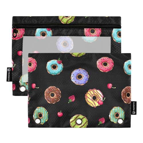 Fustylead Buntes Donut-Federmäppchen mit großem Fassungsvermögen, passend für 3-Ringbücher, wasserdichtes Federmäppchen mit transparentem Fenster für Kosmetik, Bürobedarf, 2 Stück, Schwarz von Fustylead