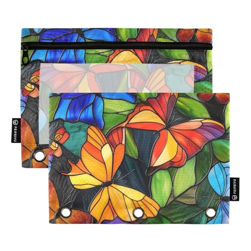 Fustylead Buntes Federmäppchen mit Schmetterlingsmotiv aus Glas mit transparentem Fenster für 3-Ringbinder, Reißverschluss-Federmäppchen, Kosmetiktaschen für Büro-Kosmetikbedarf, 2 Stück, mehrfarbig von Fustylead