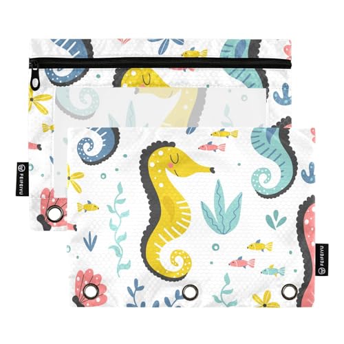 Fustylead Buntes Federmäppchen mit niedlichem Seepferdchen mit Meeresalgen im Cartoon-Stil, mit transparentem Fenster für 3-Ringbinder, Reißverschluss-Federmäppchen, Kosmetiktaschen für von Fustylead