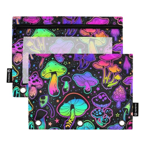 Fustylead Buntes Federmäppchen mit psychedelischen Pilzen, passend für Standard-3-Ring-Ordner, Reißverschluss-Bleistifttasche mit transparentem Fenster für Bürokosmetik, 2 Stück von Fustylead