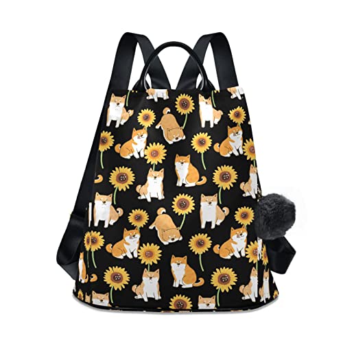 Fustylead Cartoon Shiba Inu Damen Rucksack mit Hund und Sonnenblume, Anti-Diebstahl, leichte Umhängetasche, Schwarz , One size von Fustylead