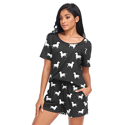 Fustylead Dackel-Hunde-Silhouette, Damen-Pyjama, kurzärmelig, weich, mit Taschen, Größe S-XXL, Schwarz , 36 von Fustylead