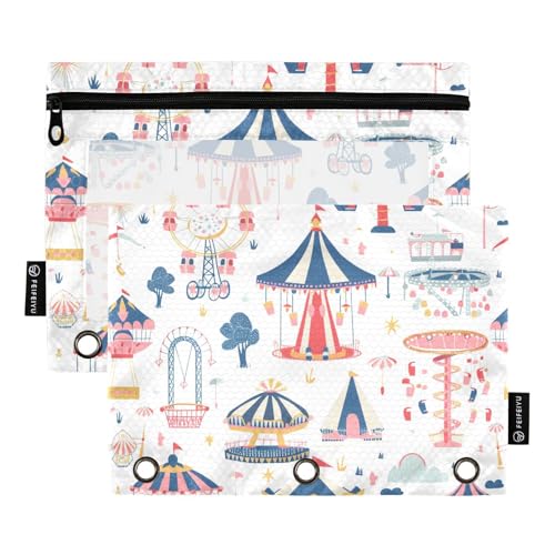Fustylead Dreamland Amusement Park Federmäppchen für 3-Ringbinder, Reißverschluss-Bleistifttasche mit transparentem Fenster, Organizer für Kosmetik, Büro, 2 Stück, mehrfarbig von Fustylead