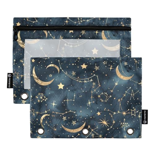 Fustylead Dunkelblau und Gold Sternenhimmel Mond Große Kapazität Federmäppchen passend für 3-Ringbinder, wasserdichtes Federmäppchen mit transparentem Fenster für Kosmetik, Bürobedarf, 2 Stück, multi von Fustylead