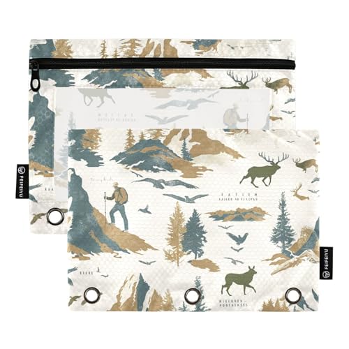 Fustylead Eagle Elk Park Federmäppchen für 3-Ringbücher, Reißverschluss-Federmäppchen mit transparentem Fenster, Organizer für Kosmetik, Büro, 2 Stück, mehrfarbig von Fustylead