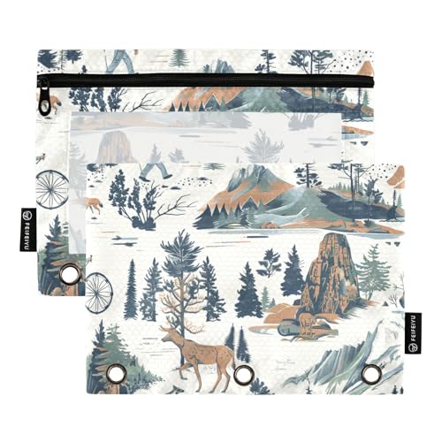 Fustylead Elch Fox Mountain Trees Federmäppchen für 3-Ringbinder, Reißverschlusstasche mit transparentem Fenster, Federmäppchen für Zuhause, Büro, 2 Stück, multi von Fustylead