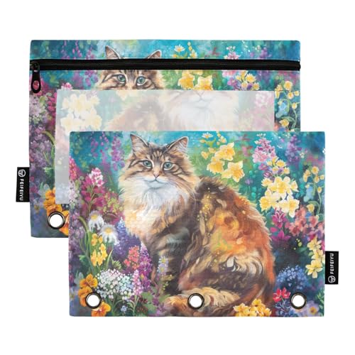 Fustylead Fantastische Katze mit buntem Frühlingsblumen-Motiv, großes Fassungsvermögen, für 3-Ringbinder, wasserdichtes Federmäppchen mit transparentem Fenster für Kosmetik, Bürobedarf, 2 Stück von Fustylead