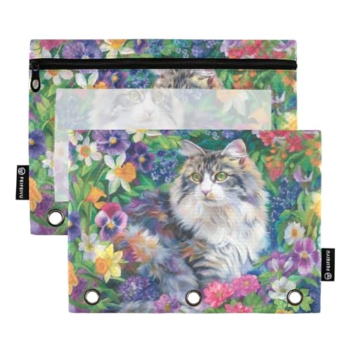 Fustylead Fantastisches Federmäppchen mit niedlichem Ragdoll-Katze und lebhaften exotischen Blumen, mit transparentem Fenster für 3-Ringbinder, Reißverschluss-Federmäppchen, Kosmetiktaschen für von Fustylead