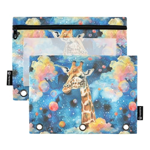 Fustylead Fantasy Giraffe Wolken blau Federmäppchen passend für Standard-3-Ring-Ordner, Reißverschluss-Bleistifttasche mit transparentem Fenster für Bürokosmetik, 2 Stück, mehrfarbig von Fustylead