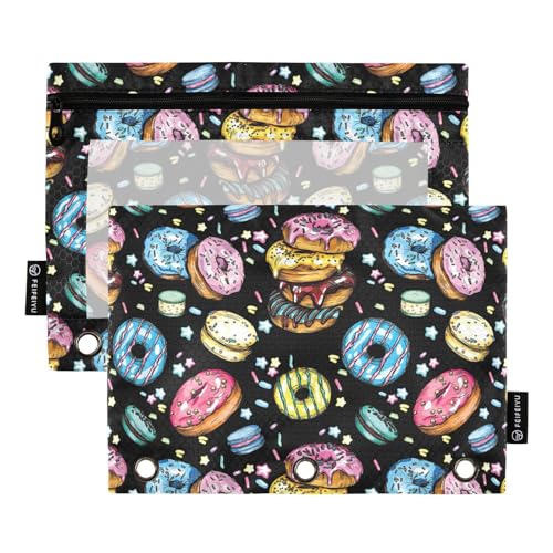 Fustylead Farbige Donuts-Federmäppchen für 3-Ringbücher, Reißverschlusstasche mit transparentem Fenster, Federmäppchen für Zuhause, Büro, 2 Stück, Schwarz von Fustylead