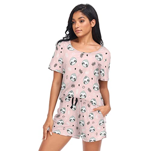 Fustylead Faultier Gesicht und Blätter Damen Pyjama Lounge Outfits Kurzarm PJs mit Taschen, rose, 36 von Fustylead