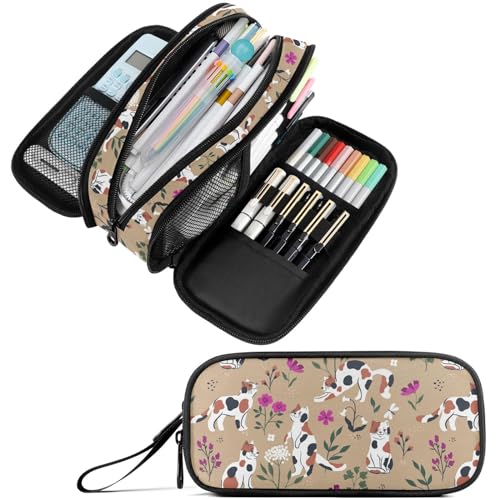 Fustylead Federmäppchen, Retro-Design, niedlich, gepunktet, Katzen und rosa Blumen, 3 Fächer, Schule, Uni, Büro, Organizer, Kosmetiktasche, braun, Einheitsgröße, Tragbar von Fustylead