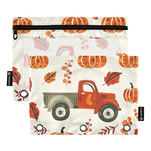 Fustylead Federmäppchen für 3-Ringbinder, Motiv: Herbstkürbisse, rotes LKW-Motiv, großes Fassungsvermögen, mit transparentem Fenster, für Büro-Kosmetikbedarf, 2 Stück, mehrfarbig von Fustylead