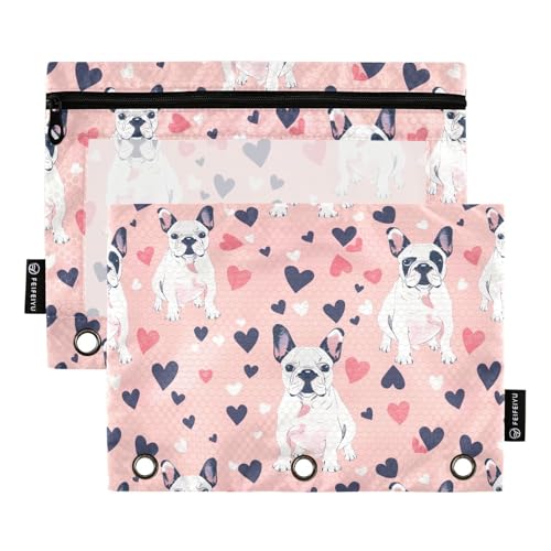 Fustylead Federmäppchen für 3-Ringbücher, Motiv: Französische Bulldogge und blau-rosa Herzen, Reißverschlusstasche mit transparentem Fenster, Federmäppchen für Zuhause, Büro, 2 Stück Fustylead Federmäppchen für 3-Ringbücher, Motiv: Französische Bulldogge und blau-rosa Herzen, Reißverschlusstasche mit transparentem Fenster, Federmäppchen für Zuhause, Büro, 2 Stück von Fustylead