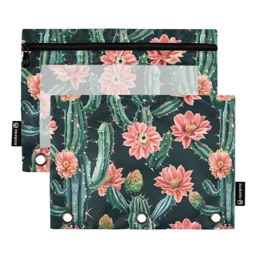 Fustylead Federmäppchen für 3-Ringbücher, Motiv: grüner Kaktus, rosa Blumen, Schwarz, 2 Stück, große Kapazität, Binder-Bleistifttasche mit transparentem Fenster für Büro-Kosmetikbedarf, mehrfarbig von Fustylead