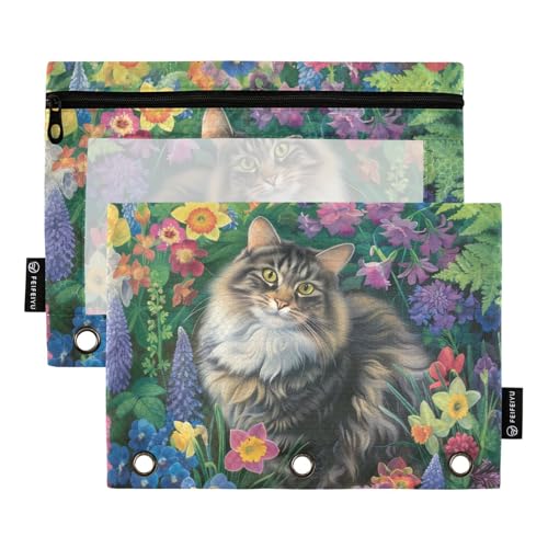 Fustylead Federmäppchen für 3-Ringbücher, Motiv: niedliche Katze mit hellen exotischen Blumen, Reißverschlusstasche mit transparentem Fenster, Federmäppchen für Zuhause, Büro, 2 Stück von Fustylead