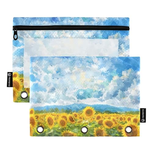Fustylead Federmäppchen im Ölgemälde-Stil, Sonnenblumenfeld, passend für Standard-3-Ring-Ordner, Reißverschluss-Bleistifttasche mit transparentem Fenster für Bürokosmetik, 2 Stück von Fustylead