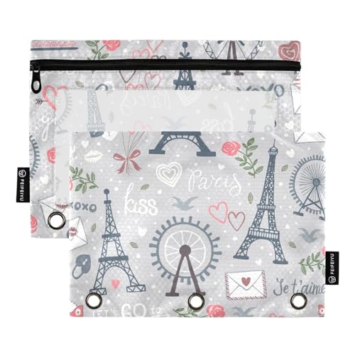 Fustylead Federmäppchen im Vintage-Stil, Motiv: Paris Eiffelturm, Herz, Rosen, Schlösser, Ballons, passend für Standard-3-Ringbinder, Reißverschluss-Bleistifttasche mit transparentem Fenster, für Fustylead Federmäppchen im Vintage-Stil, Motiv: Paris Eiffelturm, Herz, Rosen, Schlösser, Ballons, passend für Standard-3-Ringbinder, Reißverschluss-Bleistifttasche mit transparentem Fenster, für von Fustylead