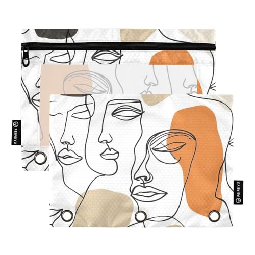 Fustylead Federmäppchen im minimalistischen Stil, abstraktes Gesicht, passend für Standard-3-Ring-Ordner, Reißverschluss-Bleistifttasche mit transparentem Fenster für Bürokosmetik, 2 Stück, mehrfarbig von Fustylead