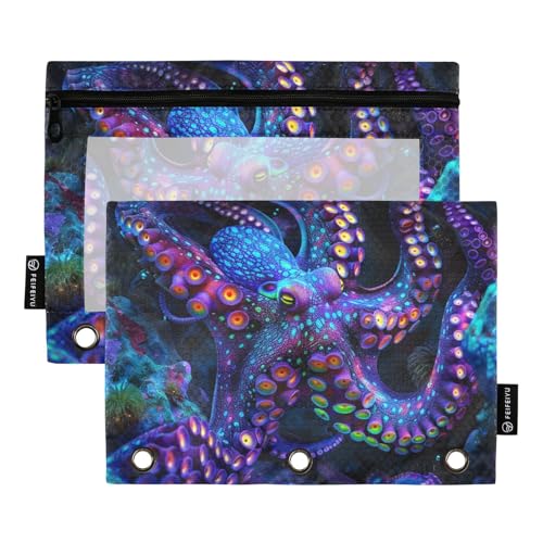 Fustylead Federmäppchen in leuchtendem Neonfarben, passend für Standard-3-Ring-Ordner, Reißverschluss-Bleistifttasche mit transparentem Fenster für Bürokosmetik, 2 Stück, mehrfarbig von Fustylead