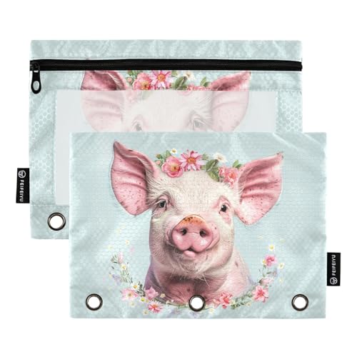 Fustylead Federmäppchen mit 3 Ringbüchern, mit transparentem Fenster, für Kosmetik, Büro, Pink Pig mit Blumenkranz, Blau, 2 Stück von Fustylead