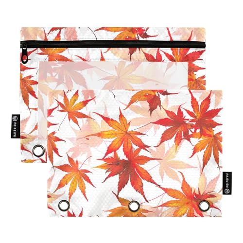 Fustylead Federmäppchen mit 3 Ringen, Ahornblätter, großes Fassungsvermögen, mit transparentem Fenster, für Büro-Kosmetikbedarf, Orange / Rot, 2 Stück von Fustylead