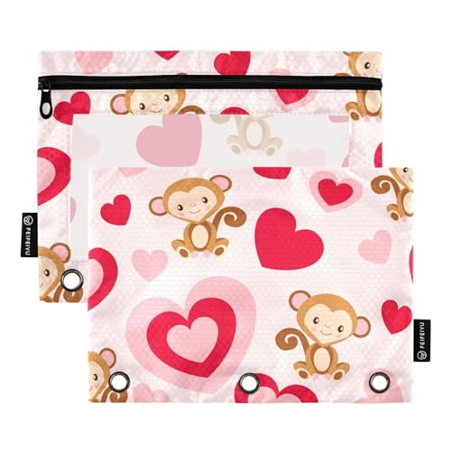 Fustylead Federmäppchen mit Affen-Motiv, passend für Standard-3-Ringbinder, Reißverschluss-Bleistifttasche mit transparentem Fenster, für Büro, Schule, Klasse, Studenten, 2 Stück von Fustylead