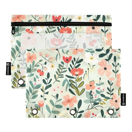 Fustylead Federmäppchen mit Blumenmuster und Blättern, großes Fassungsvermögen, passend für 3-Ringbinder, wasserdichtes Federmäppchen mit transparentem Fenster für Kosmetik, Bürobedarf, 2 Stück, von Fustylead