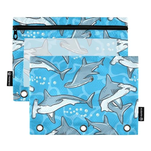 Fustylead Federmäppchen mit Cartoon-Motiv Hammerhead Sharks Swimming in Under World, Federmäppchen mit Reißverschluss und transparentem Fenster, Organizer für Kosmetik, Büro, 2 Stück, blau von Fustylead
