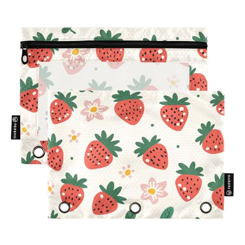 Fustylead Federmäppchen mit Erdbeer-Blumenmuster, Beige, für 3-Ringbinder, Reißverschluss-Federmäppchen mit transparentem Fenster, Organizer für Kosmetik, Büro, 2 Stück, mehrfarbig von Fustylead