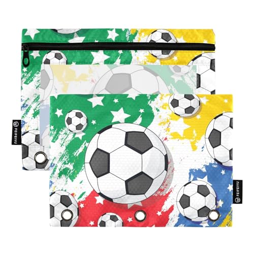 Fustylead Federmäppchen mit Fußballmotiv auf buntem Sternenhintergrund, Stifteetui für 3 Ringe, Federmäppchen mit Reißverschluss, transparentes Fenster für Büro-Kosmetikbedarf, 2 Stück, mehrfarbig von Fustylead