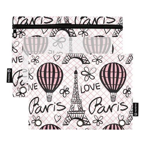 Fustylead Federmäppchen mit Heißluftballon und Pariser Eiffelturm auf rosa Fischnetz-Bleistifttasche für 3-Ringbinder, Reißverschluss-Bleistiftbeutel mit transparentem Fenster, Organizer für Kosmetik, von Fustylead