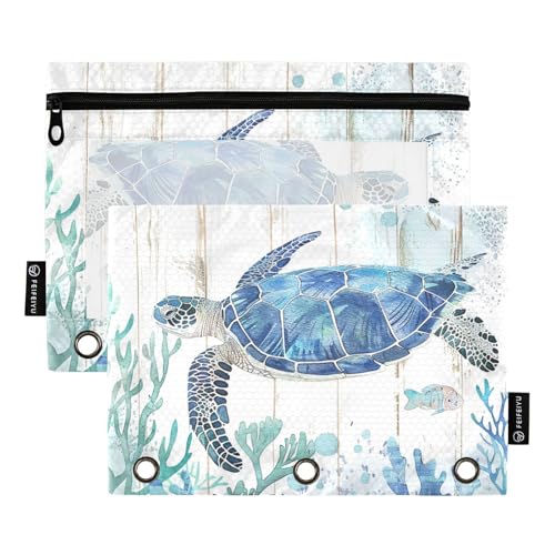 Fustylead Federmäppchen mit Holzmaserung, Meeresschildkröte, hellblau, Federmäppchen mit Reißverschluss und transparentem Fenster, Organizer für Kosmetik, Büro, 2 Stück, mehrfarbig von Fustylead