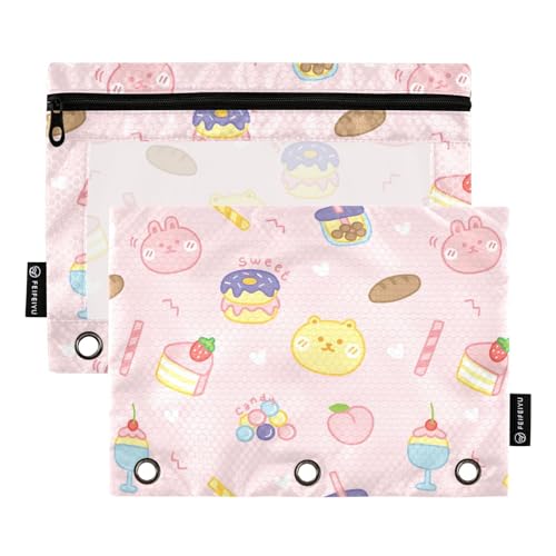 Fustylead Federmäppchen mit Kaninchenbär, Süßigkeiten-Donut-Motiv, großes Fassungsvermögen, passend für 3-Ringbücher, wasserdichtes Federmäppchen mit transparentem Fenster für Kosmetik, Bürobedarf, 2 von Fustylead