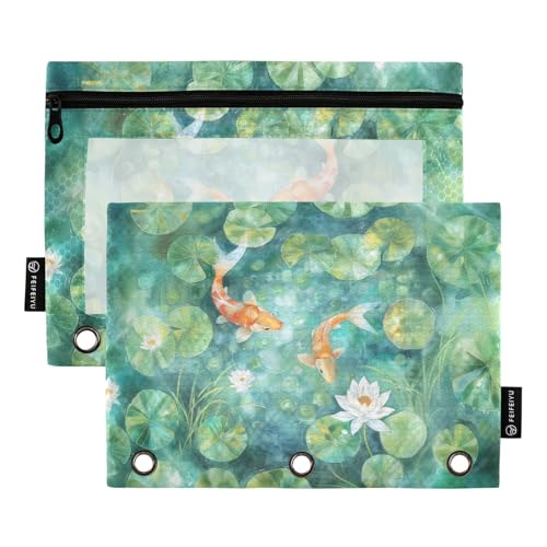 Fustylead Federmäppchen mit Koi-Fischen schwimmen in Lotus-Pfund, passend für Standard-3-Ringbinder, Reißverschluss-Bleistifttasche mit transparentem Fenster für Bürokosmetik, 2 Stück, mehrfarbig von Fustylead