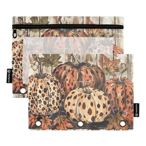 Fustylead Federmäppchen mit Leopardenmuster, Kürbisse, rustikales Herbst-Federmäppchen für 3-Ringbücher, Reißverschluss, Federmäppchen mit transparentem Fenster, Organizer für Kosmetik, Büro, 2 Stück von Fustylead
