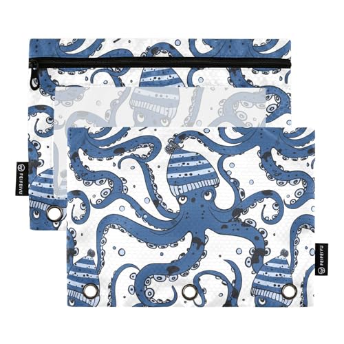 Fustylead Federmäppchen mit Oktopus in Hut, passend für Standard-3-Ring-Ordner, Reißverschluss-Bleistifttasche mit transparentem Fenster für Bürokosmetik, 2 Stück, mehrfarbig von Fustylead