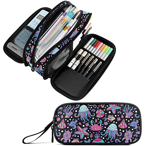 Fustylead Federmäppchen mit Seestern, Quallen, Schildkrötenfisch, Make-up-Tasche, großes Fassungsvermögen, Mehrzweck-Reisetasche, Büro-Organizer mit Reißverschluss von Fustylead
