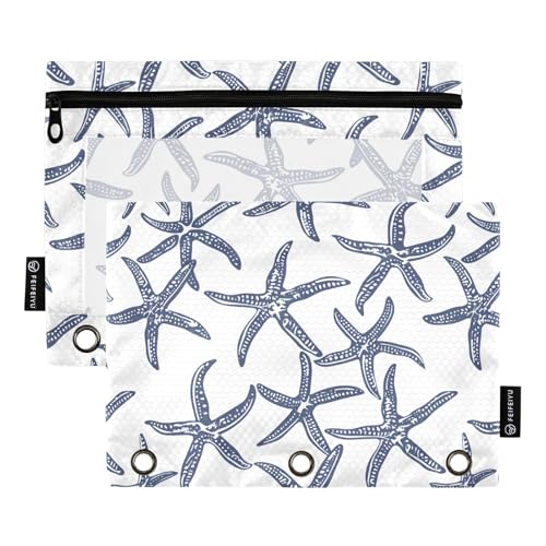 Fustylead Federmäppchen mit Seestern-Muster, für 3-Ringbücher, Reißverschluss, Federmäppchen mit transparentem Fenster, Organizer für Kosmetik, Büro, 2 Stück, mehrfarbig von Fustylead