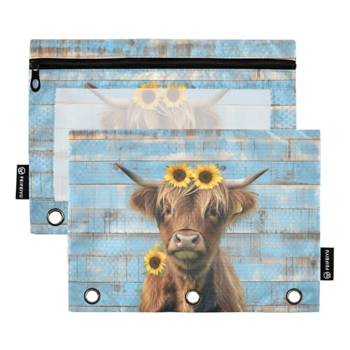Fustylead Federmäppchen mit Sonnenblumenkranz, Hochlandkuh, mit transparentem Fenster für 3-Ring-Ordner, Reißverschluss-Federmäppchen, Kosmetiktaschen für Büro-Kosmetikbedarf, 2 Stück, mehrfarbig von Fustylead
