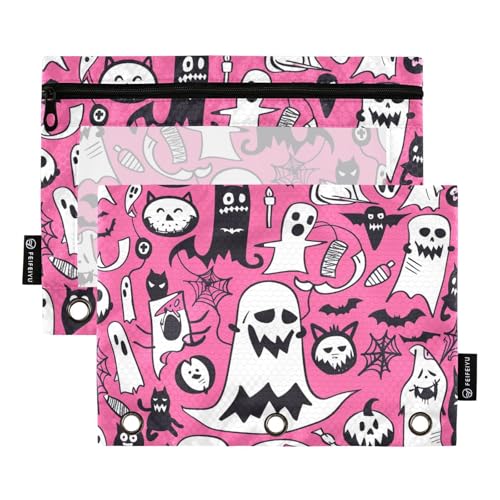Fustylead Federmäppchen mit Spinnennetz, für Halloween, Geisterfledermäuse, passend für Standard-3-Ringbinder, Reißverschluss-Bleistifttasche mit transparentem Fenster, für Bürokosmetik, 2 Stück von Fustylead