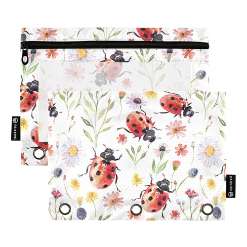Fustylead Federmäppchen mit Wildblumen-Marienkäfer-Muster, für 3-Ringbinder, Reißverschlusstasche mit transparentem Fenster, Federmäppchen für Zuhause, Büro, 2 Stück, multi von Fustylead