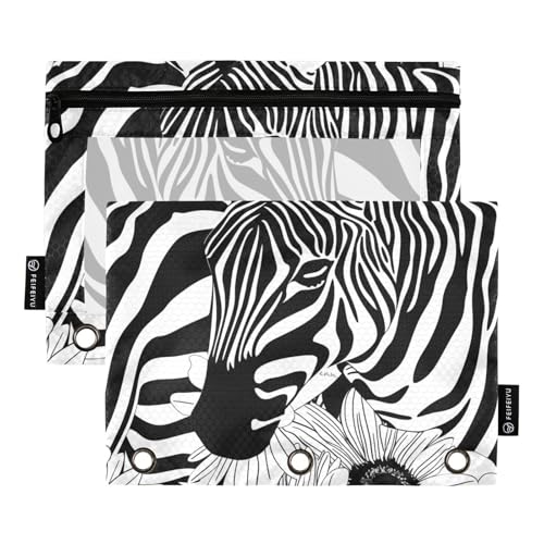 Fustylead Federmäppchen mit Zebra-Sonnenblumen-Motiv, für 3 Ringe, Bleistiftbeutel mit Reißverschluss, transparentes Fenster für Büro-Kosmetikbedarf, 2 Stück, mehrfarbig von Fustylead