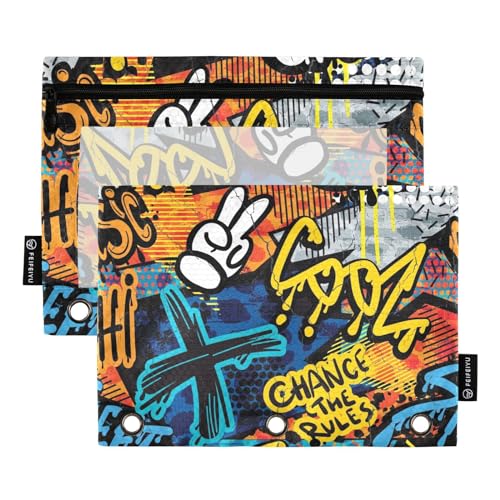 Fustylead Federmäppchen mit abstrakter Musik, helles und cooles Graffiti-Federmäppchen für 3-Ringbücher, Reißverschluss-Bleistifttasche mit transparentem Fenster, Organizer für Kosmetik, Büro, 2 von Fustylead