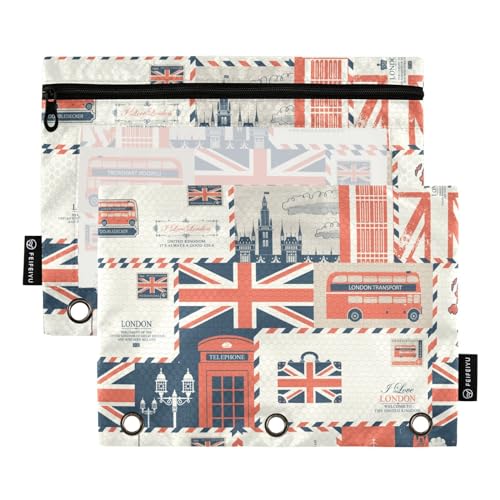 Fustylead Federmäppchen mit britischem Thema, Federmäppchen für 3-Ringbücher, Reißverschluss, Federmäppchen mit transparentem Fenster, Organizer für Kosmetik, Büro, 2 Stück, mehrfarbig von Fustylead