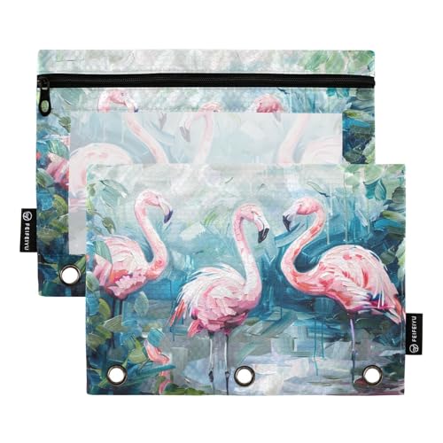 Fustylead Federmäppchen mit drei Flamingo im Wald, passend für Standard-3-Ringbinder, Reißverschluss-Bleistifttasche mit transparentem Fenster für Bürokosmetik, 2 Stück, mehrfarbig von Fustylead