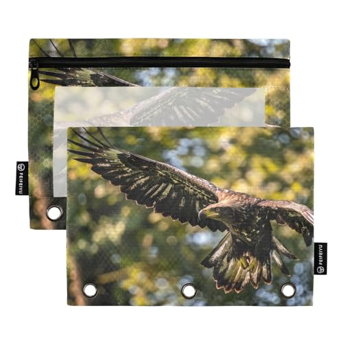 Fustylead Federmäppchen mit fliegendem Adler, Wildtier-Design, passend für Standard-3-Ring-Ordner, Reißverschluss-Bleistifttasche mit transparentem Fenster für Bürokosmetik, 2 Stück, mehrfarbig von Fustylead