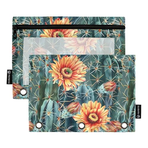 Fustylead Federmäppchen mit grünem Kaktus und gelben Blumen, tropische Blumen, 2 Stück, für 3-Ring-Ordner, große Kapazität, Binder-Bleistifttasche mit transparentem Fenster für Büro-Kosmetikbedarf, von Fustylead